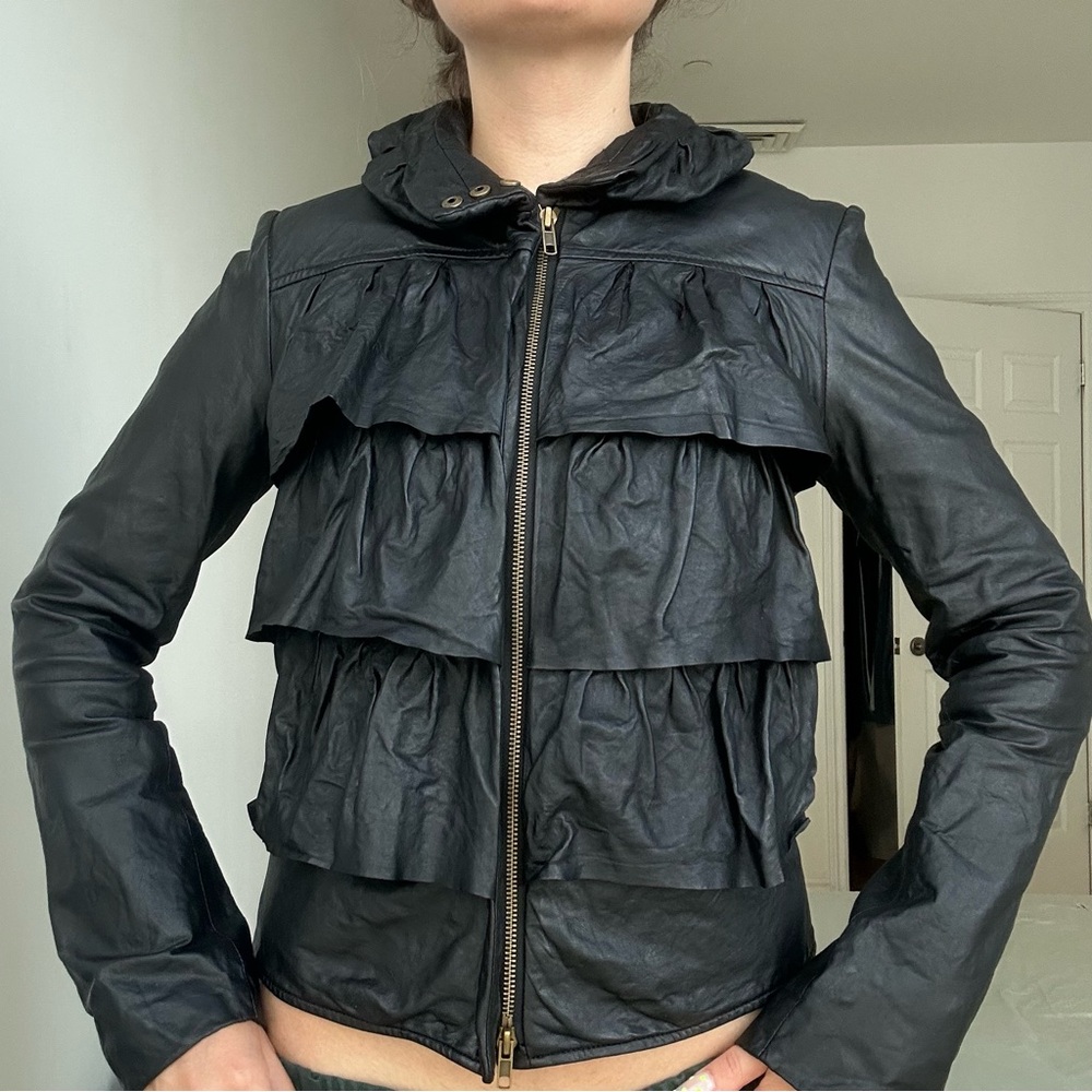 DIANE VON FURSTENBERG BLACK RUFFLED LEATHER JACKET